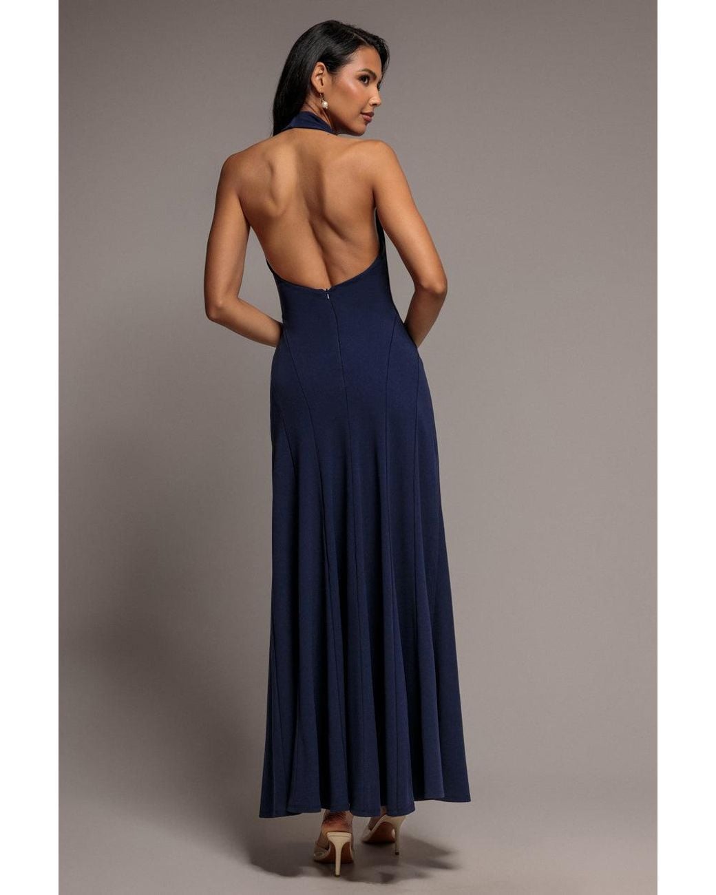Goddiva Blue Halterneck Cowl Neck Backless Scuba Crepe Maxi Dress