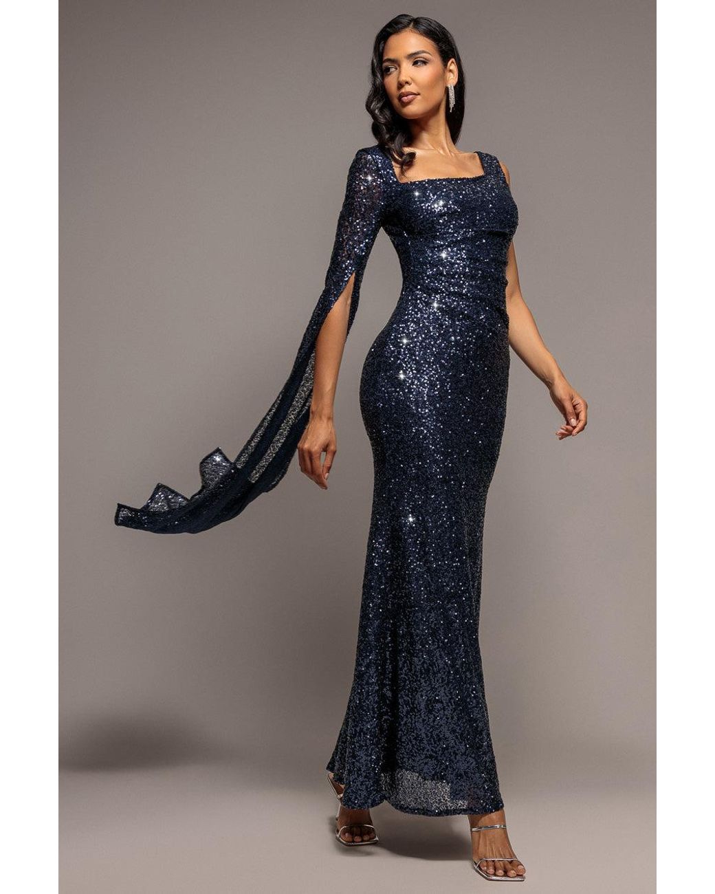 Goddiva Blue One Side Cape Sleeve Sequin Maxi Dress