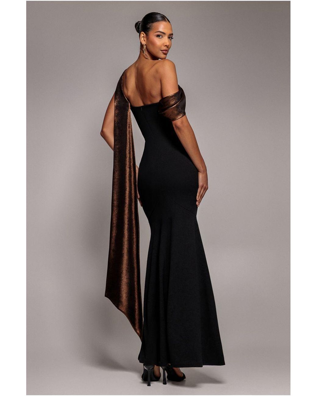 Goddiva Multicolor Foil Chiffon Cowl One Shoulder Cape Maxi Dress