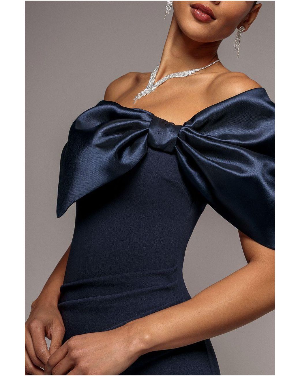 Goddiva Blue Off The Shoulder Satin Bow Neck Maxi Dress