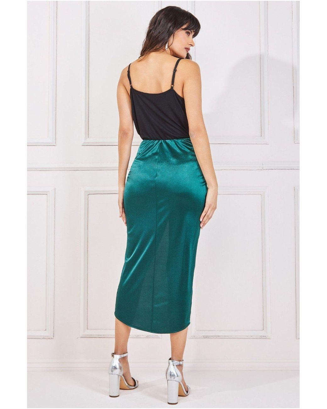 Goddiva Blue Satin Knotted Midi Skirt