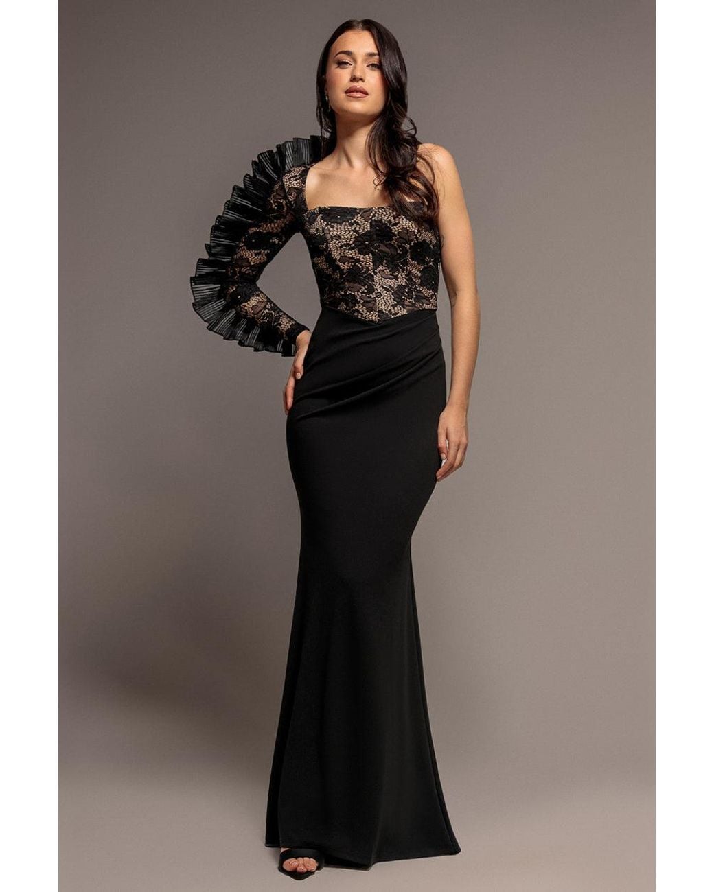 Goddiva Blue One Shoulder Organza Fan Detail Lace Bodice Maxi Dress