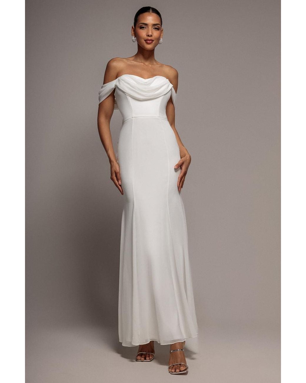 Goddiva Gray Chiffon Bardot Cowl Neck Maxi Dress