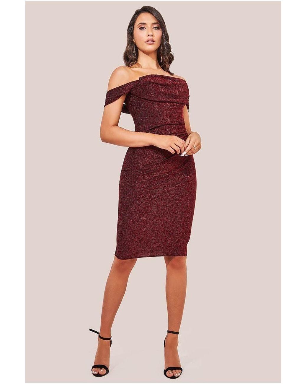 Goddiva Red Lurex Cowl Neck Off The Shoulder Midi
