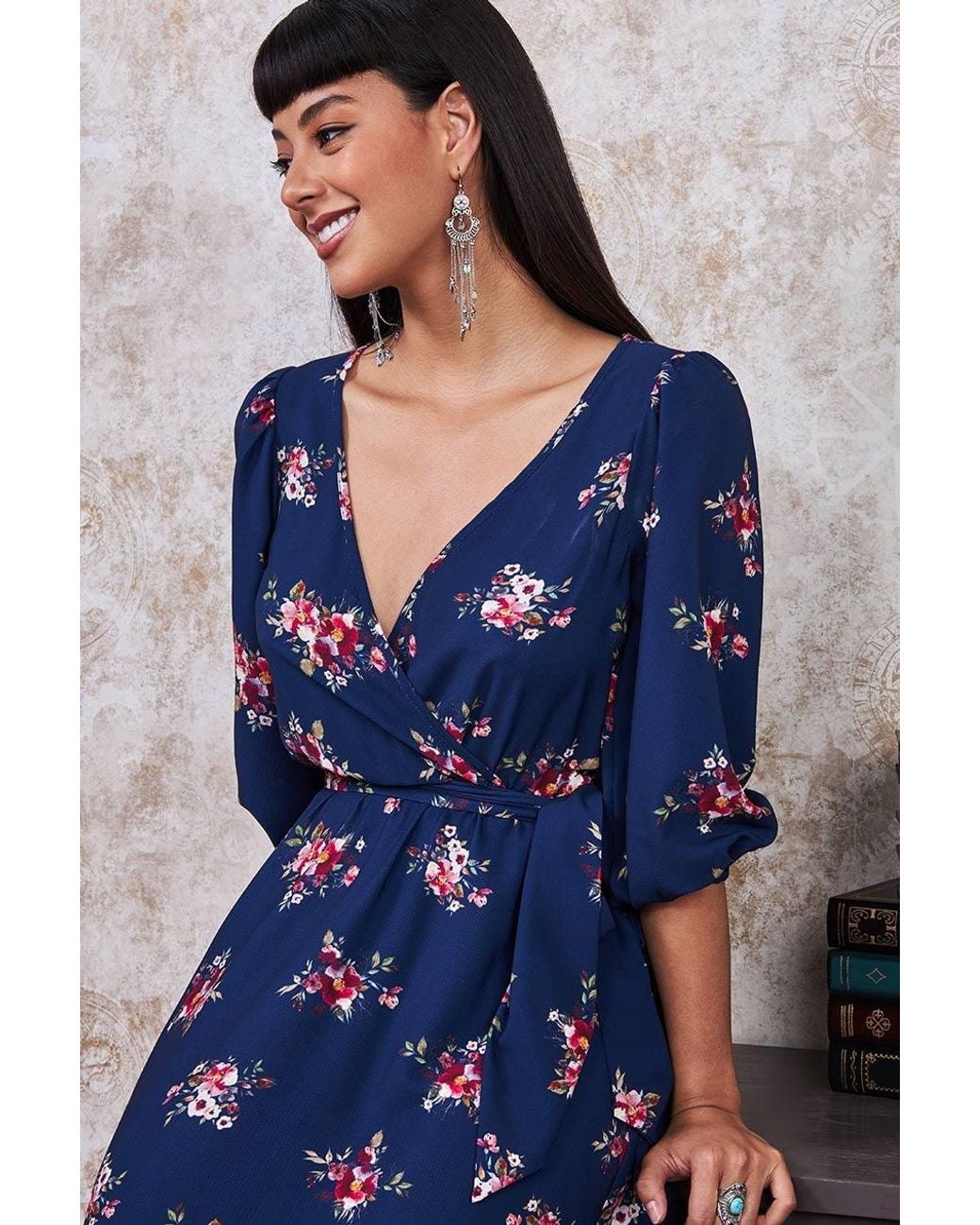 Goddiva Blue Wrap Style Floral Midi Dress