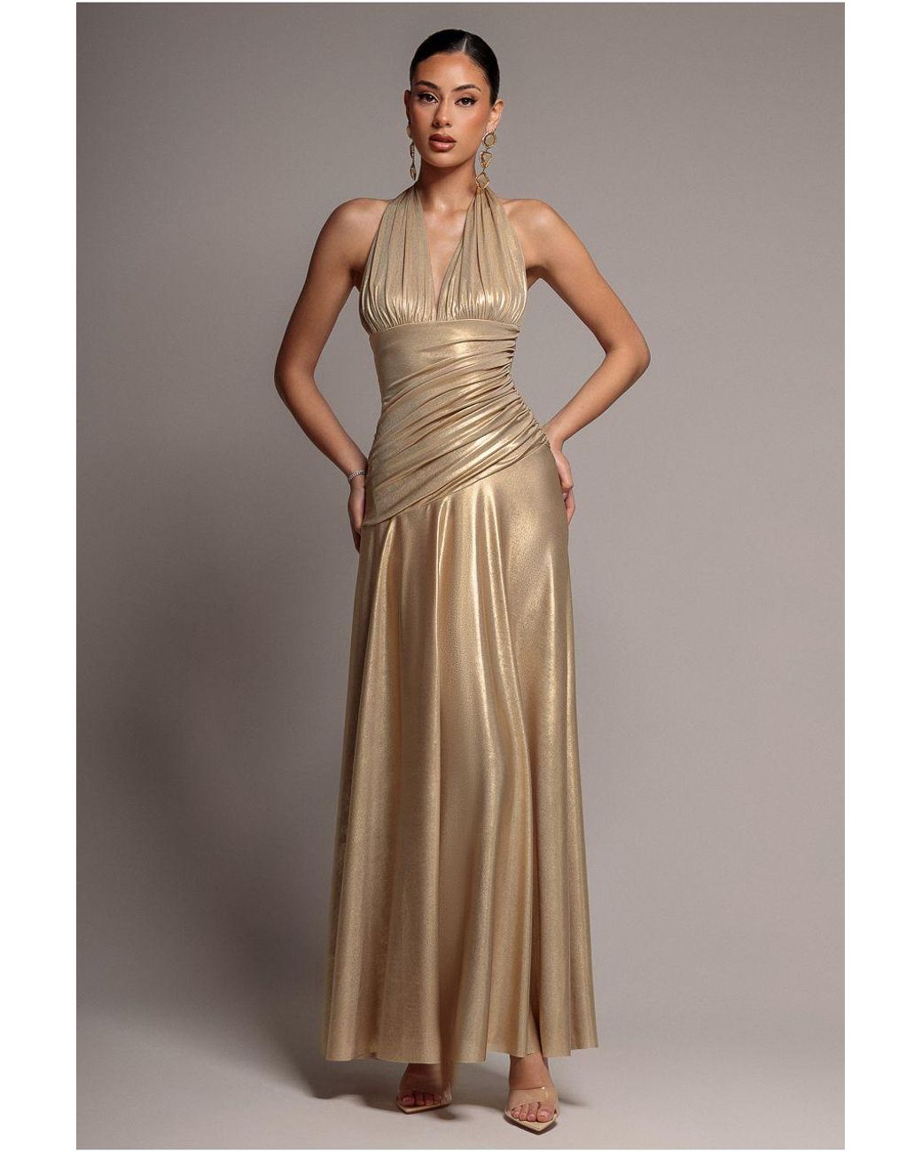 Goddiva Brown Halterneck Empire Waist Gathered Sunrise Foil Maxi Dress