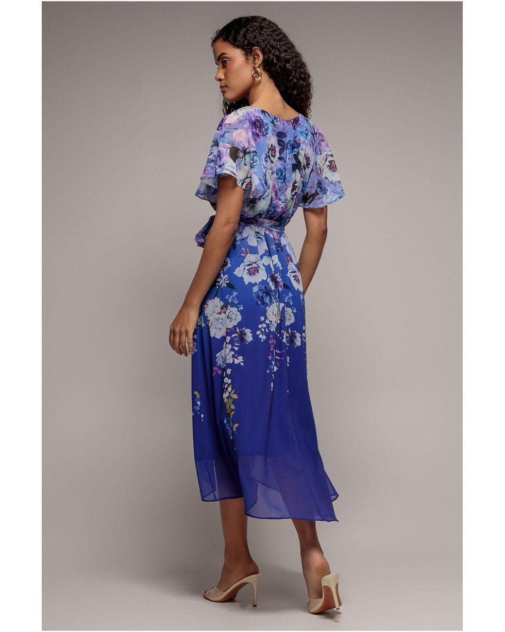Goddiva Blue Flutter Sleeve A-Line Chiffon Floral Printed Midi Dress