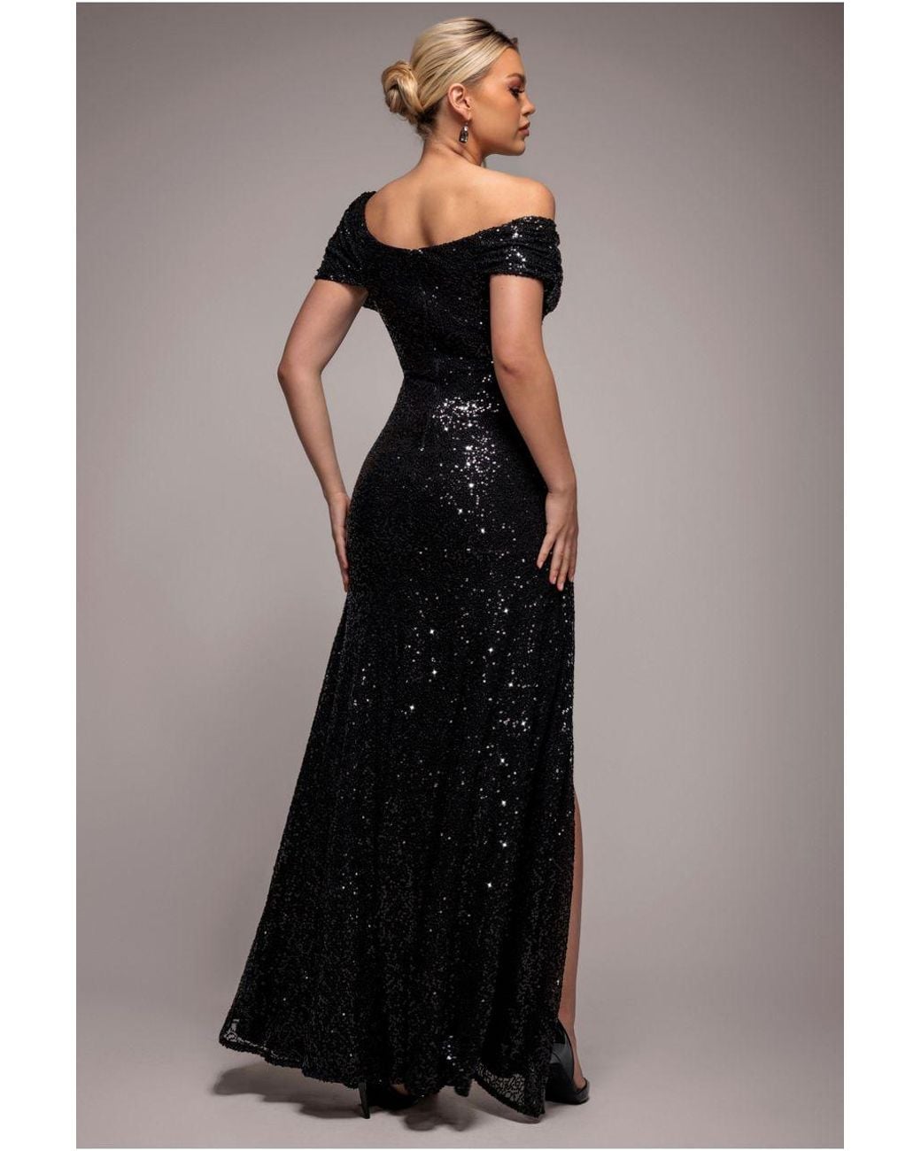 Goddiva Black Off The Shoulder Sequin Cowl Drawstring Maxi Dress