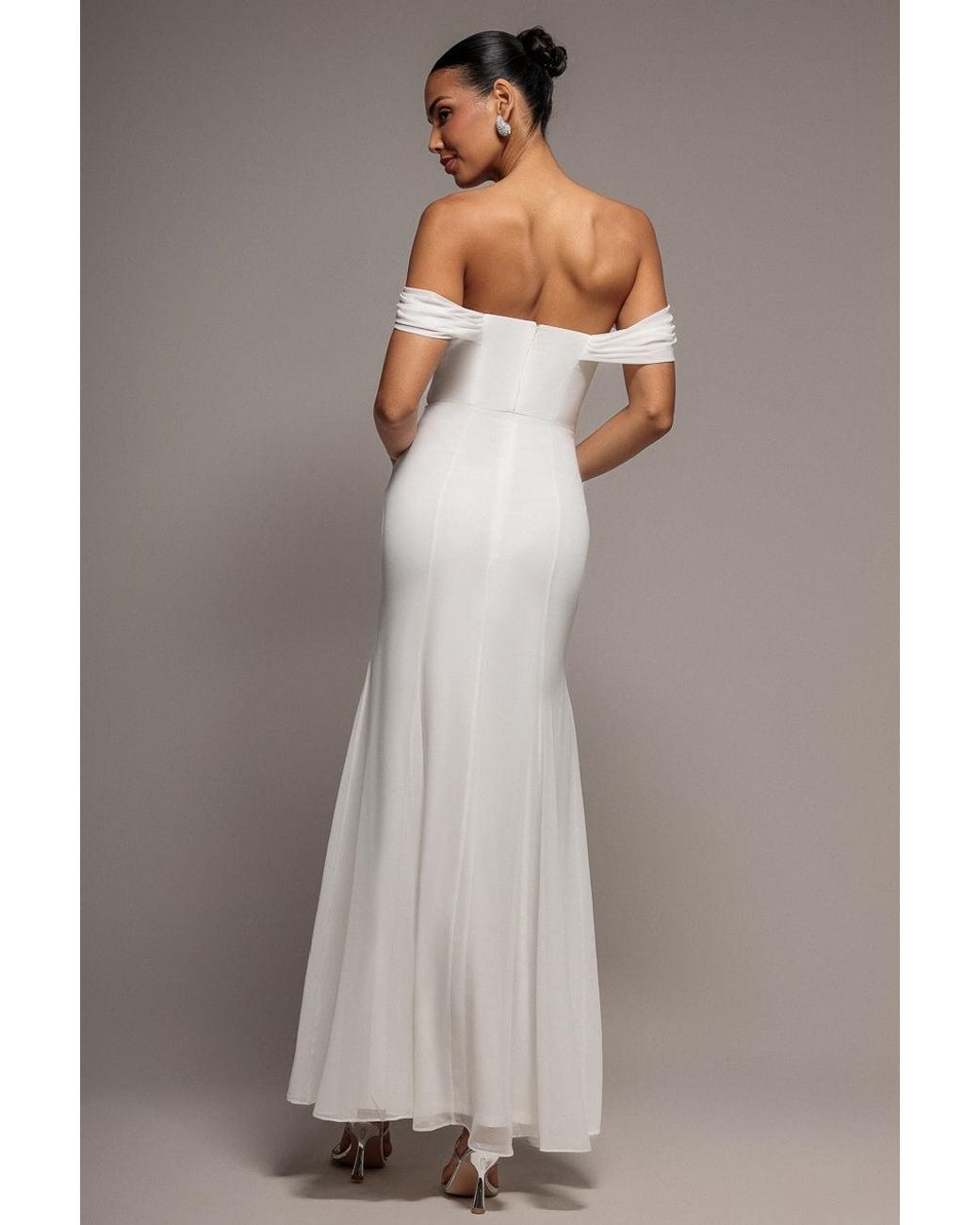 Goddiva Gray Chiffon Bardot Cowl Neck Maxi Dress