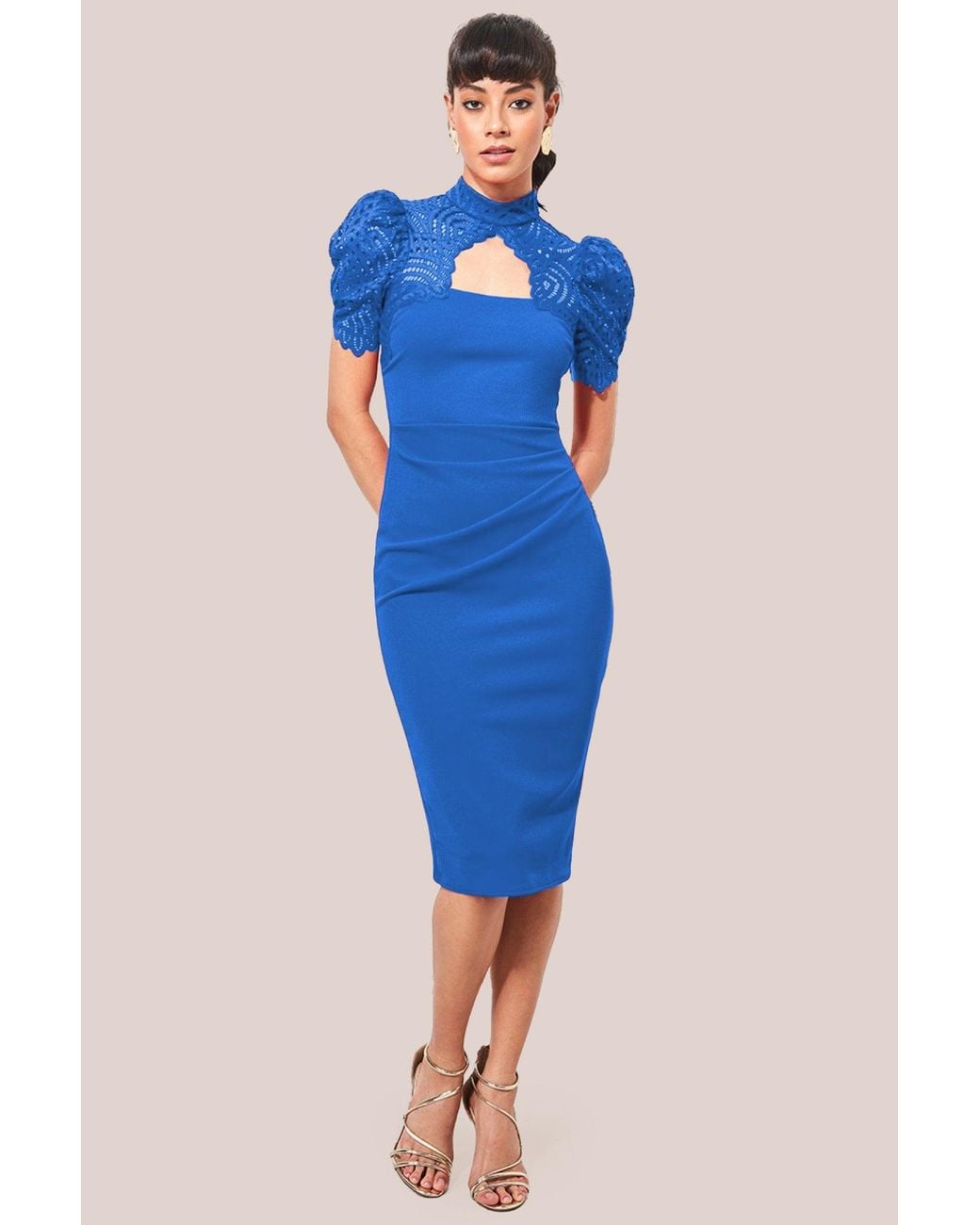 City Goddess Blue Open Back Puffed Lace Top Midi