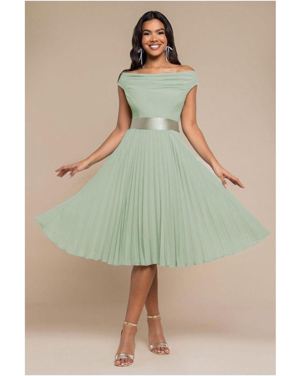 Goddiva Green Cowl Neck Pleated A-Line Chiffon Midi Dress