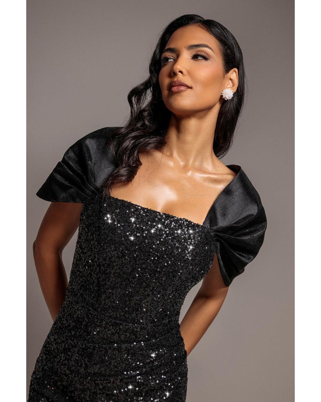 Goddiva Gray Satin Bow Back Off The Shoulder Sequin Mini Dress
