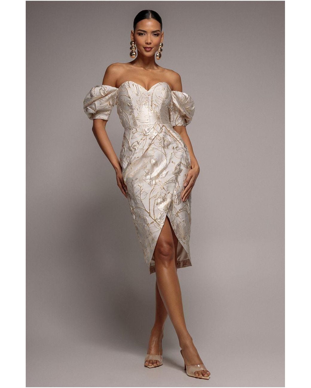 Goddiva Brown Puff Sleeve Sweetheart Midi Dress