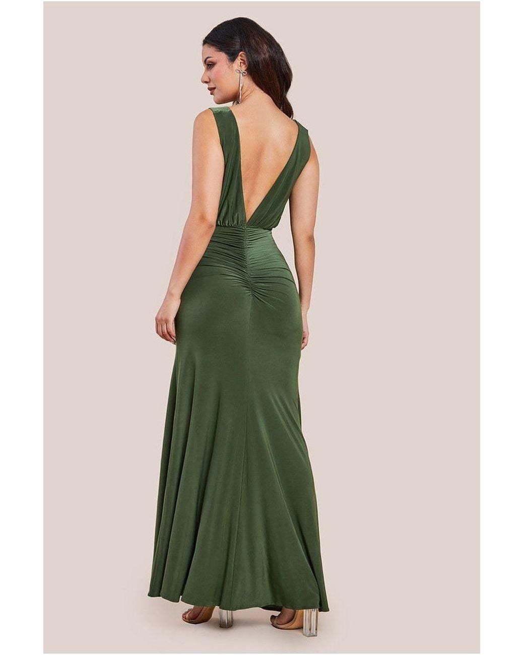 Goddiva Green Front Wrap Gathered Maxi Dress