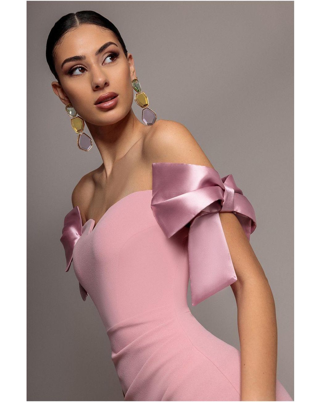 Goddiva Pink Satin Bow Bardot Sheath Maxi Dress