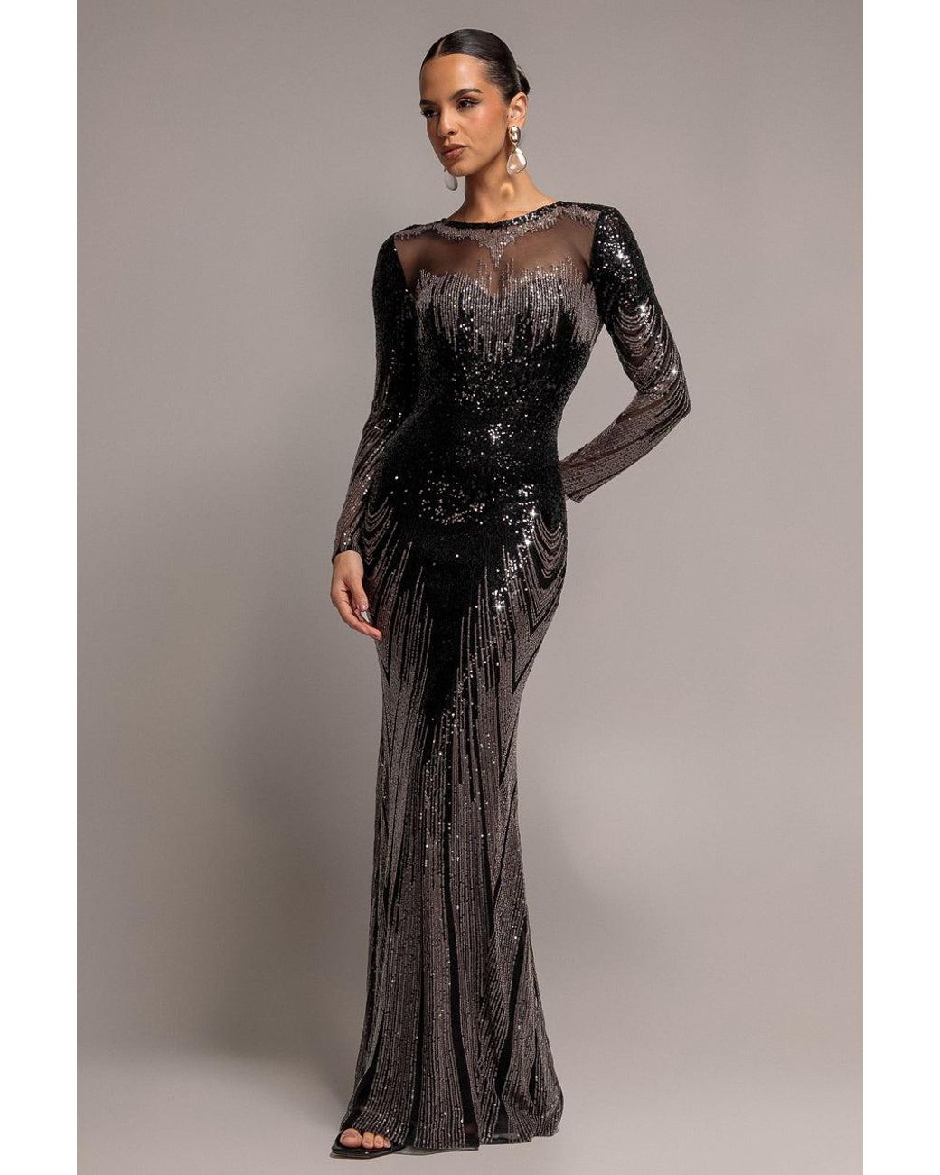 Goddiva Black Long Sleeve Aztec Sequin Maxi Dress