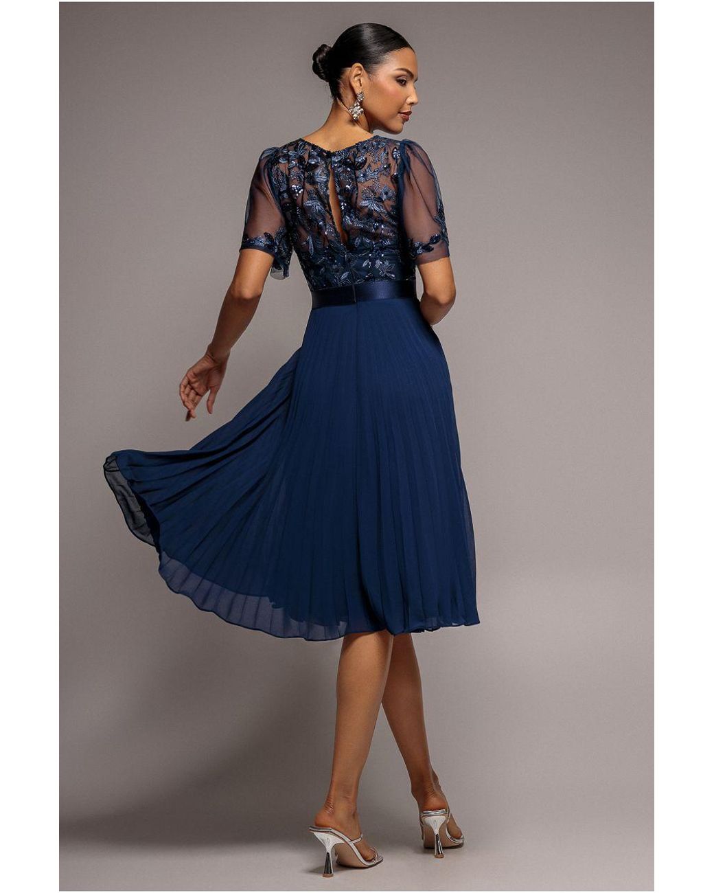 Goddiva Blue Embroidered Top Chiffon Pleated Midi