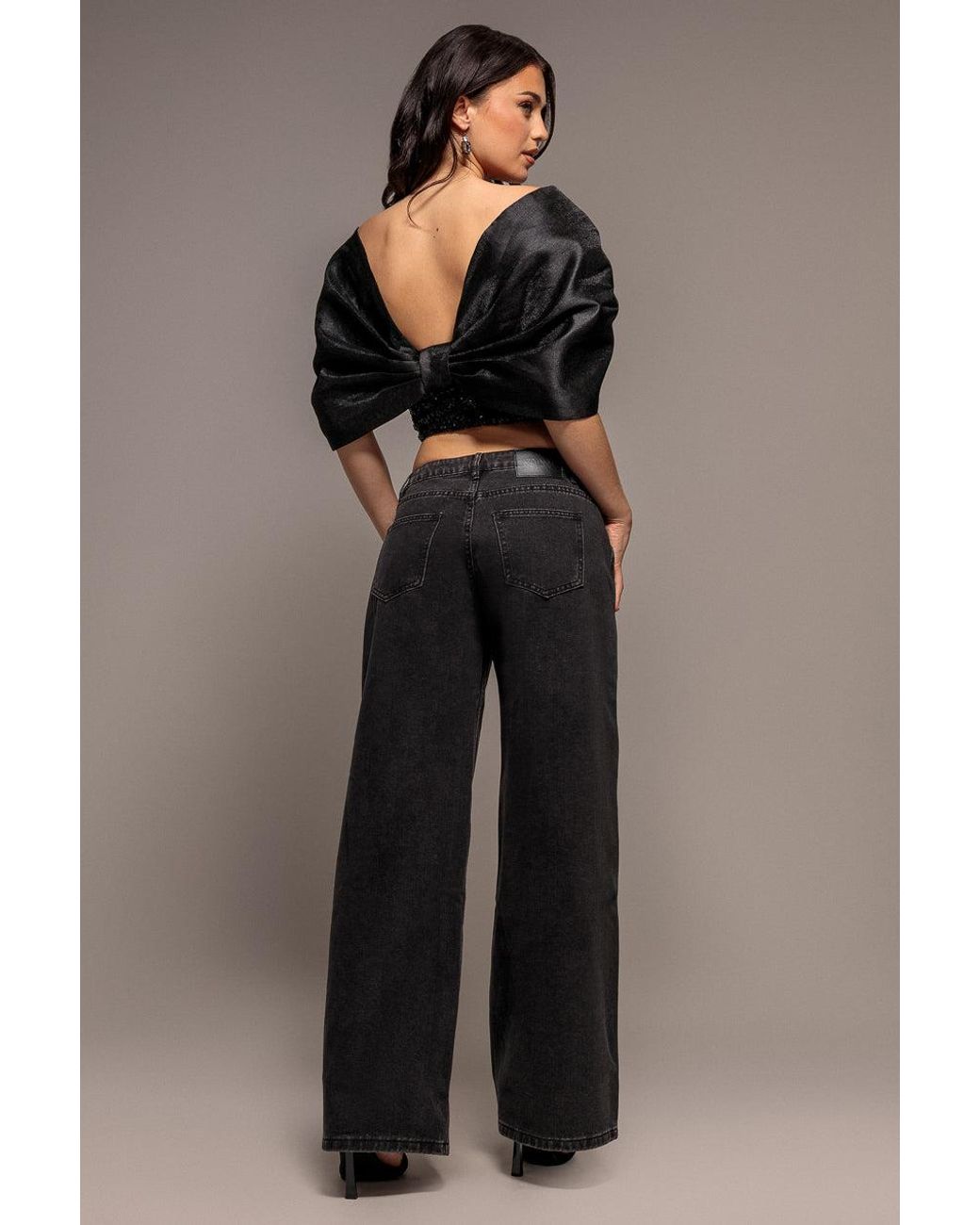 Goddiva Black Off Shoulder Corset Top With Back Satin Bow