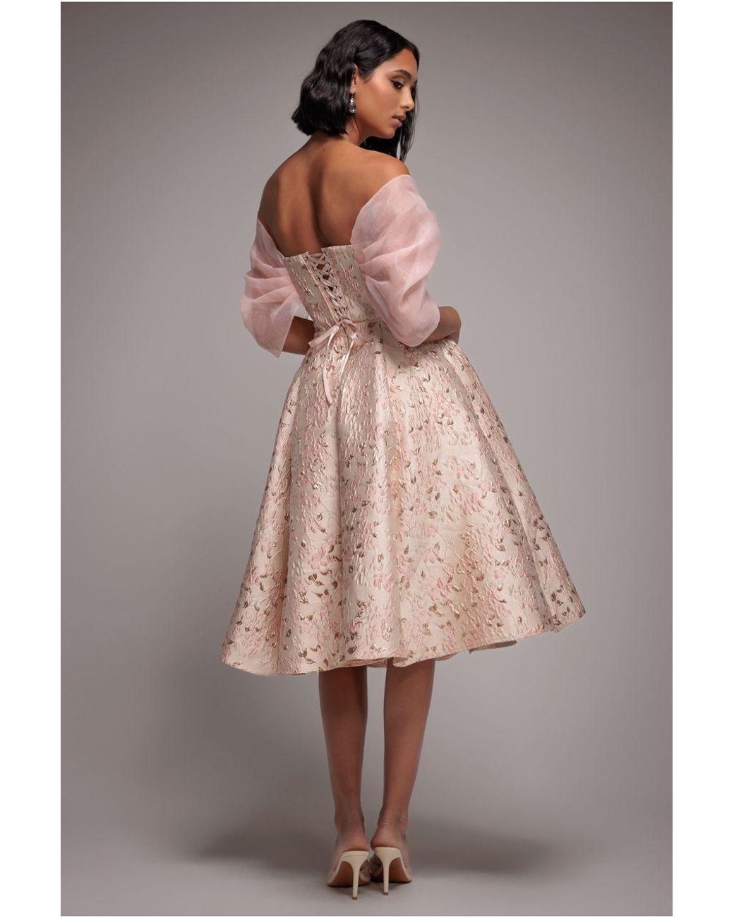 Goddiva Brown Lace Up Jacquard Midi Dress With Organza Wings