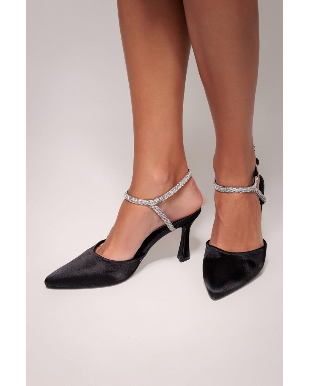 Goddiva Brown Diamante Embellished Satin Slingback Court Heels