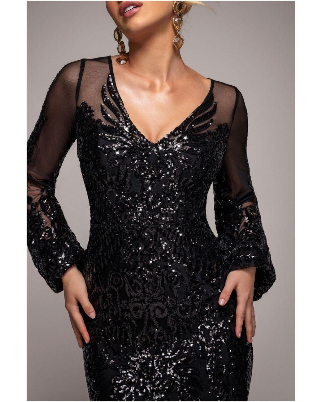 Goddiva Black Embellished Sequin Bishop Sleeve Maxi Dress