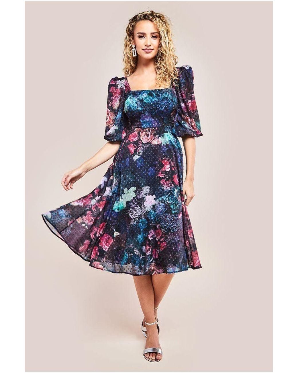 Goddiva Blue Puff Sleeve Shirred Back Midi Dress