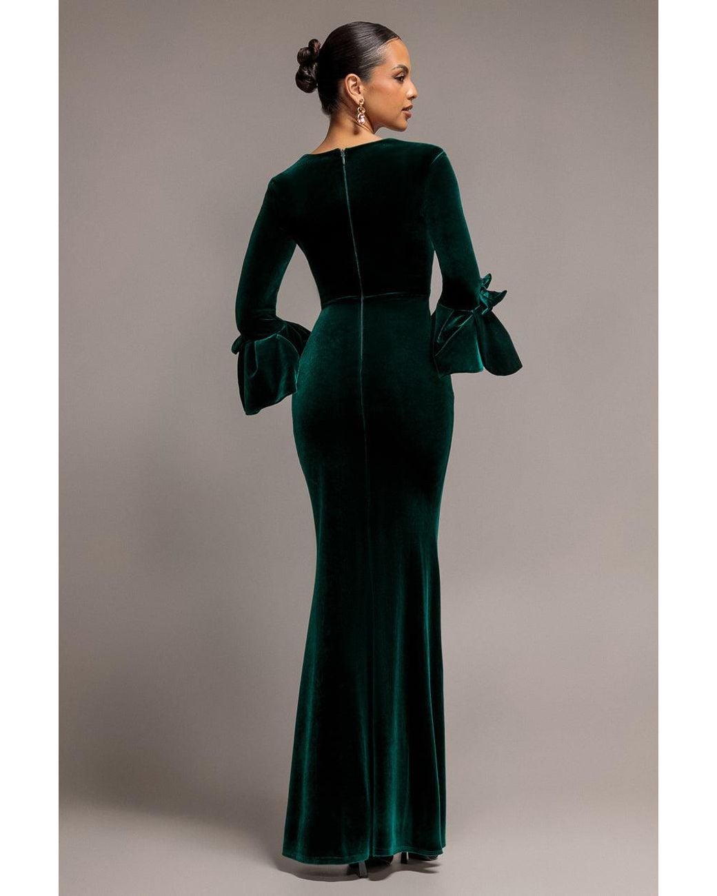 Goddiva Black Petal Bow Sleeve Frill Velvet Maxi Dress