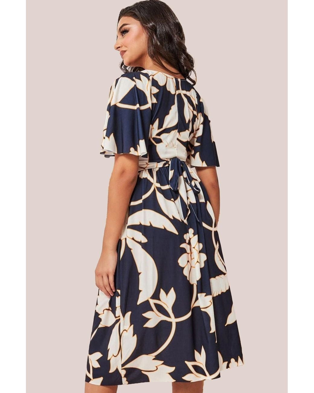 Goddiva Natural Leaf Print Flutter Sleeve Midi