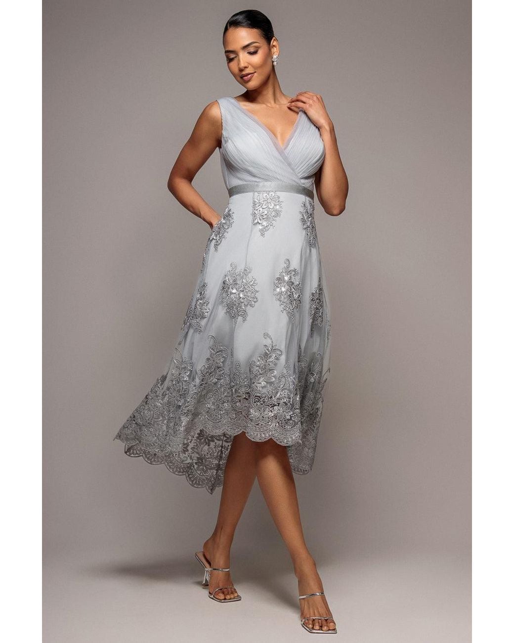 Goddiva Gray Pleated Satin Bodice High And Low Dress