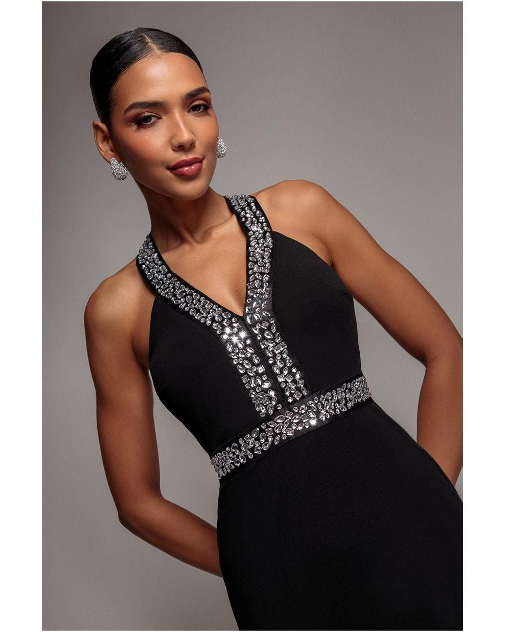 Goddiva Black Diamante Cross Back Maxi Dress
