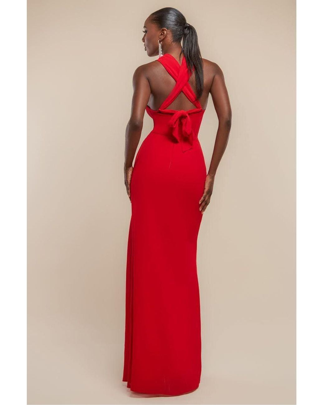 Goddiva Red Halterneck Thigh Split Chiffon Maxi Dress