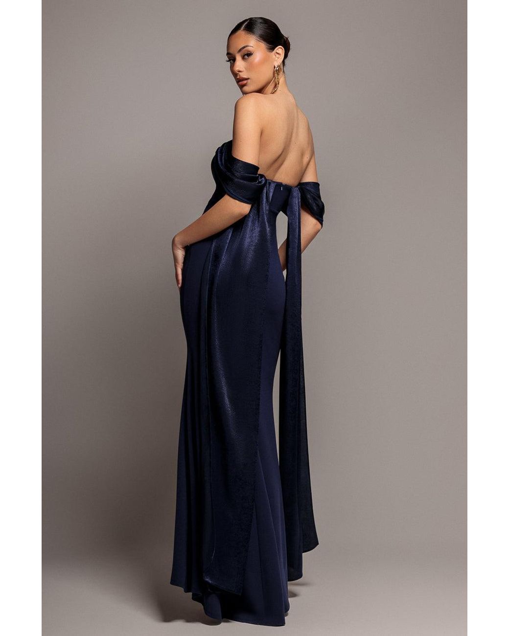 Goddiva Off Shoulder Velvet Satin Wings Cape Maxi Dress in Blue | Lyst UK