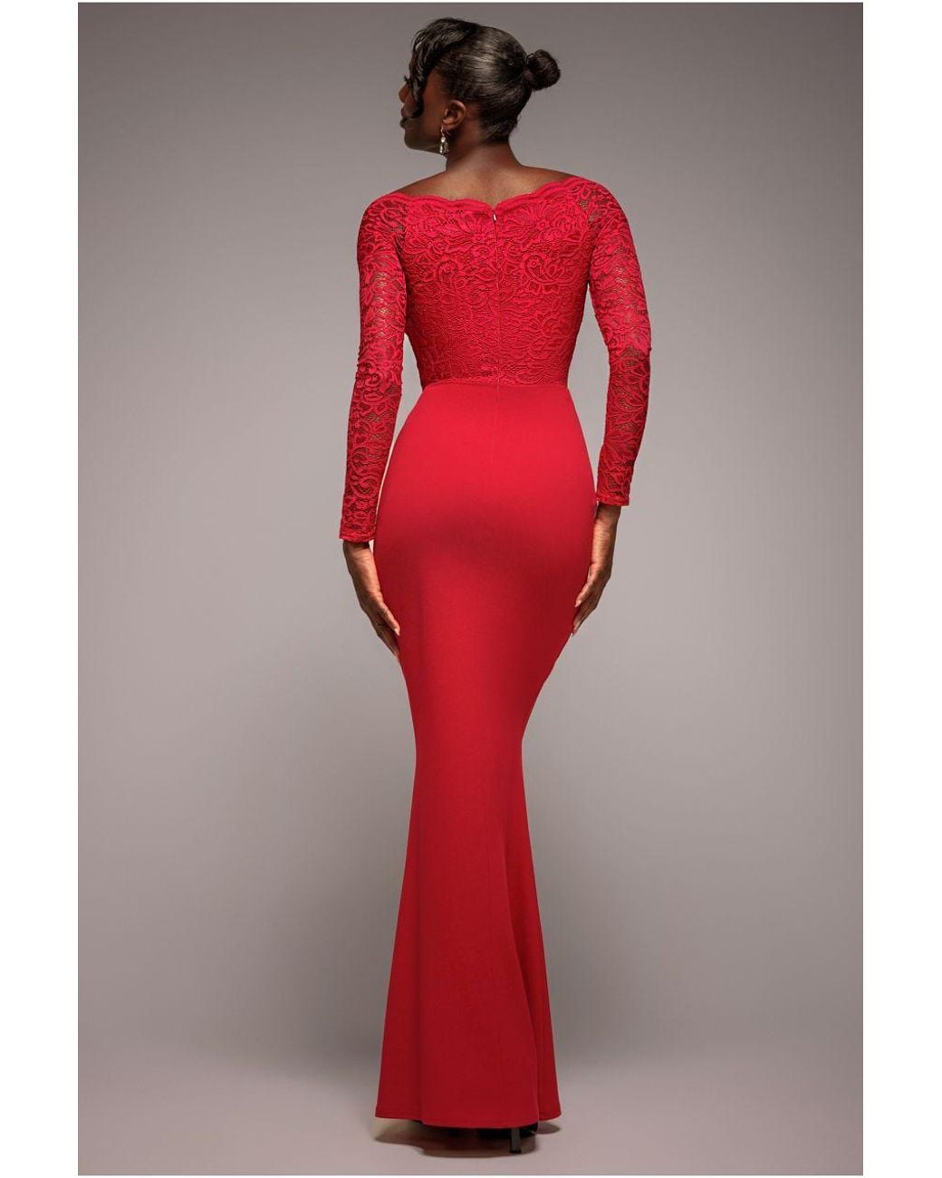 Goddiva Scalloped Lace Bodice Long Sleeve Bardot Maxi Dress in Red | Lyst