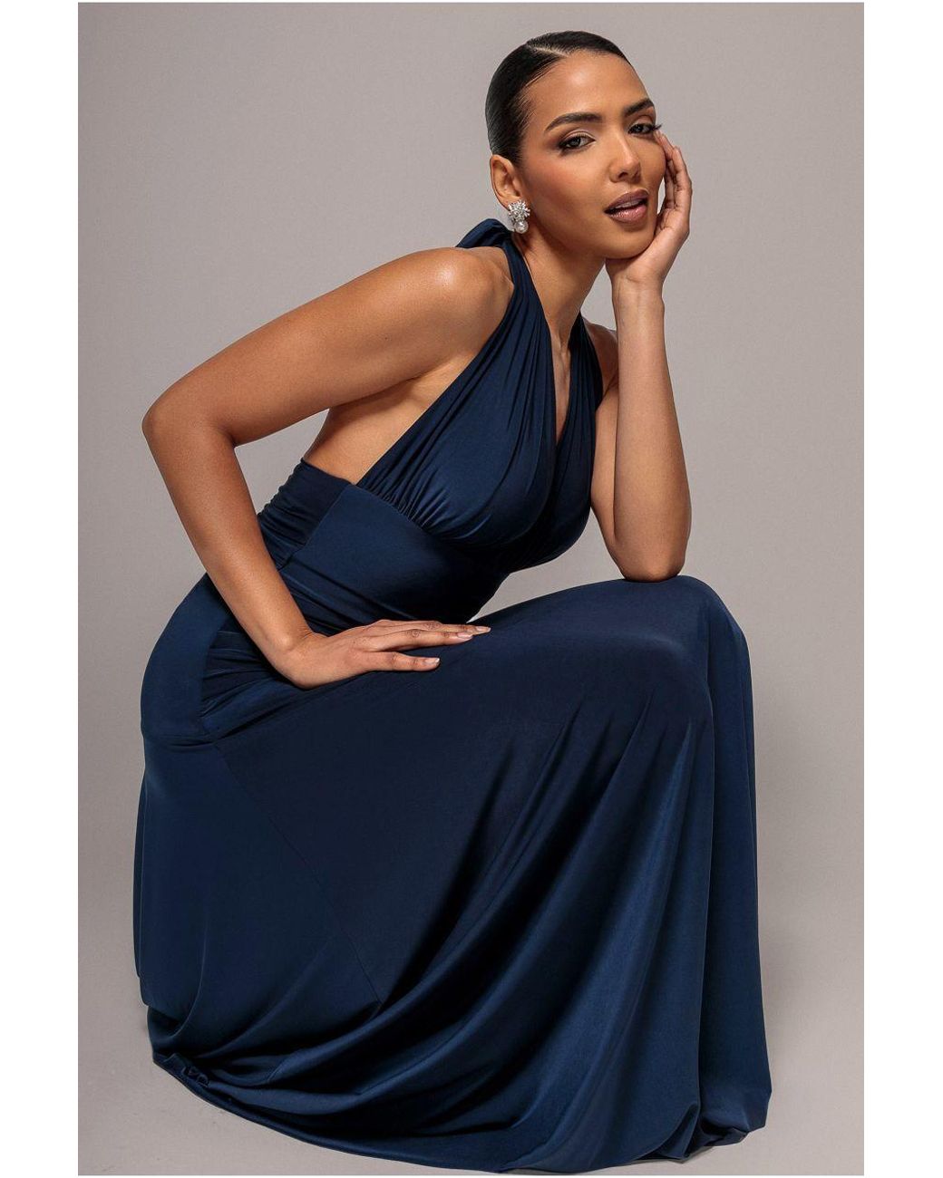 Goddiva Blue Halter Neck Empire Waist Gathered Maxi Dress