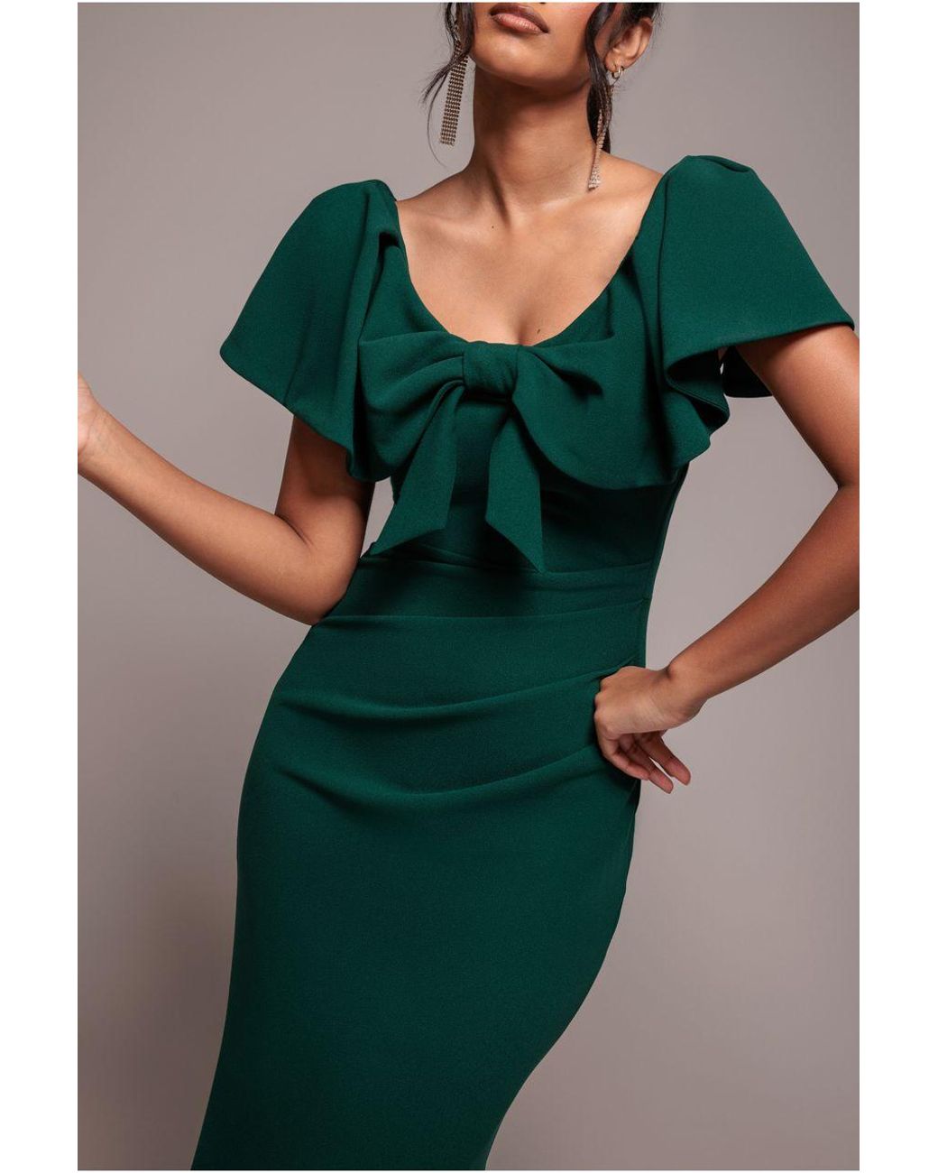 Goddiva Green Cape Sleeve Detail Front Tie Maxi Dress