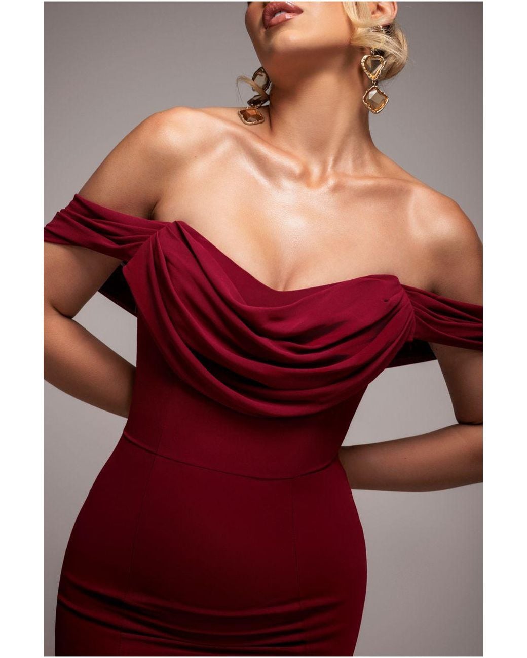 Goddiva Red Chiffon Bardot Cowl Neck Maxi Dress