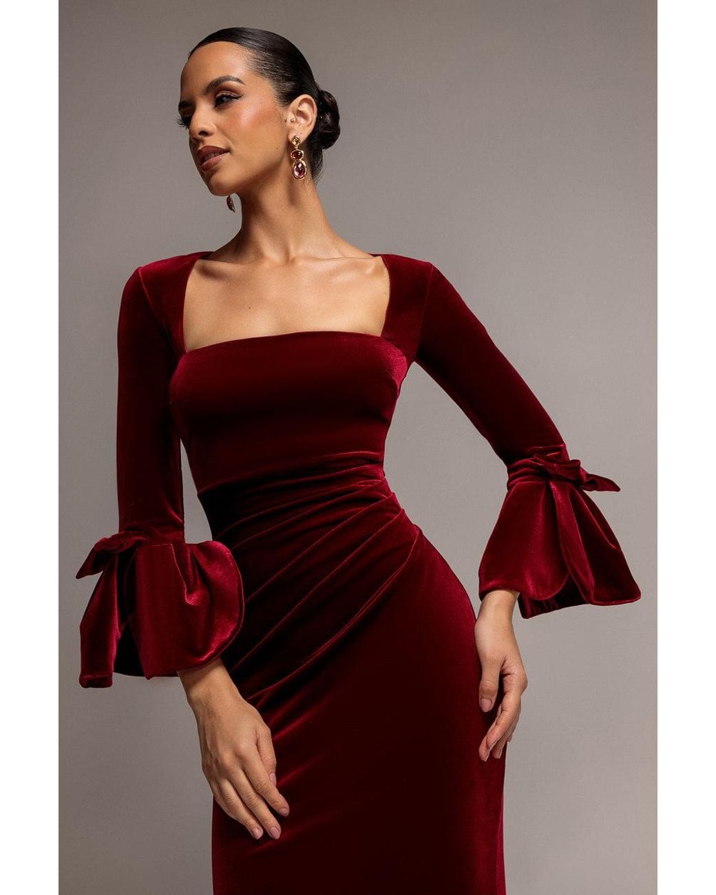 Goddiva Red Petal Bow Sleeve Frill Velvet Maxi Dress