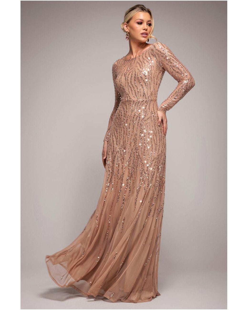 Goddiva Brown Ombre Sequin Beaded Flared Long Sleeve Maxi Dress