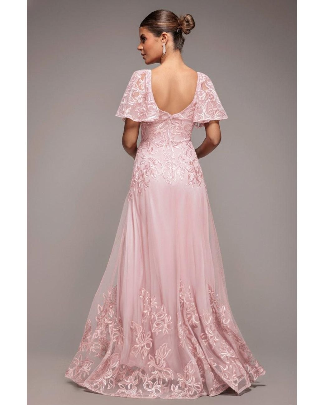 Goddiva Pink Lace Flutter Sleeve Embroidered Mesh A Line Maxi Dress