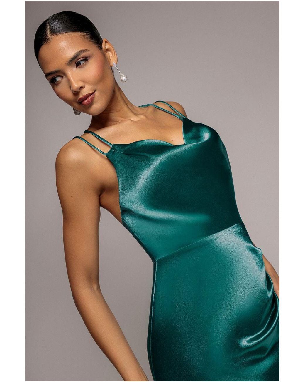 Goddiva Green Cowl Neck With Strappy Back Satin Maxi