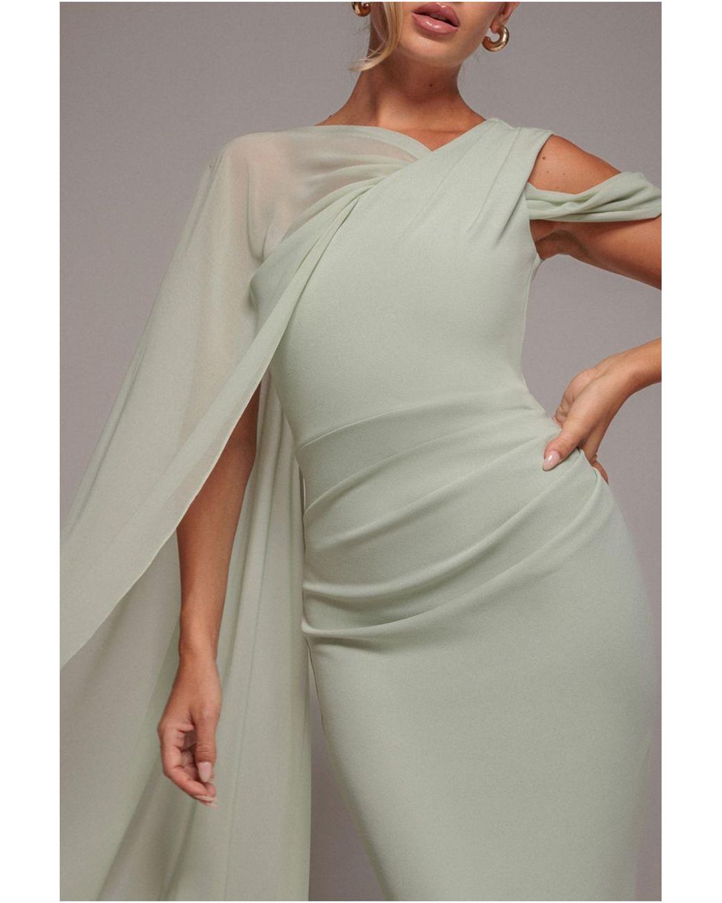 Goddiva Gray One Shoulder Chiffon Cape Crepe Maxi Dress