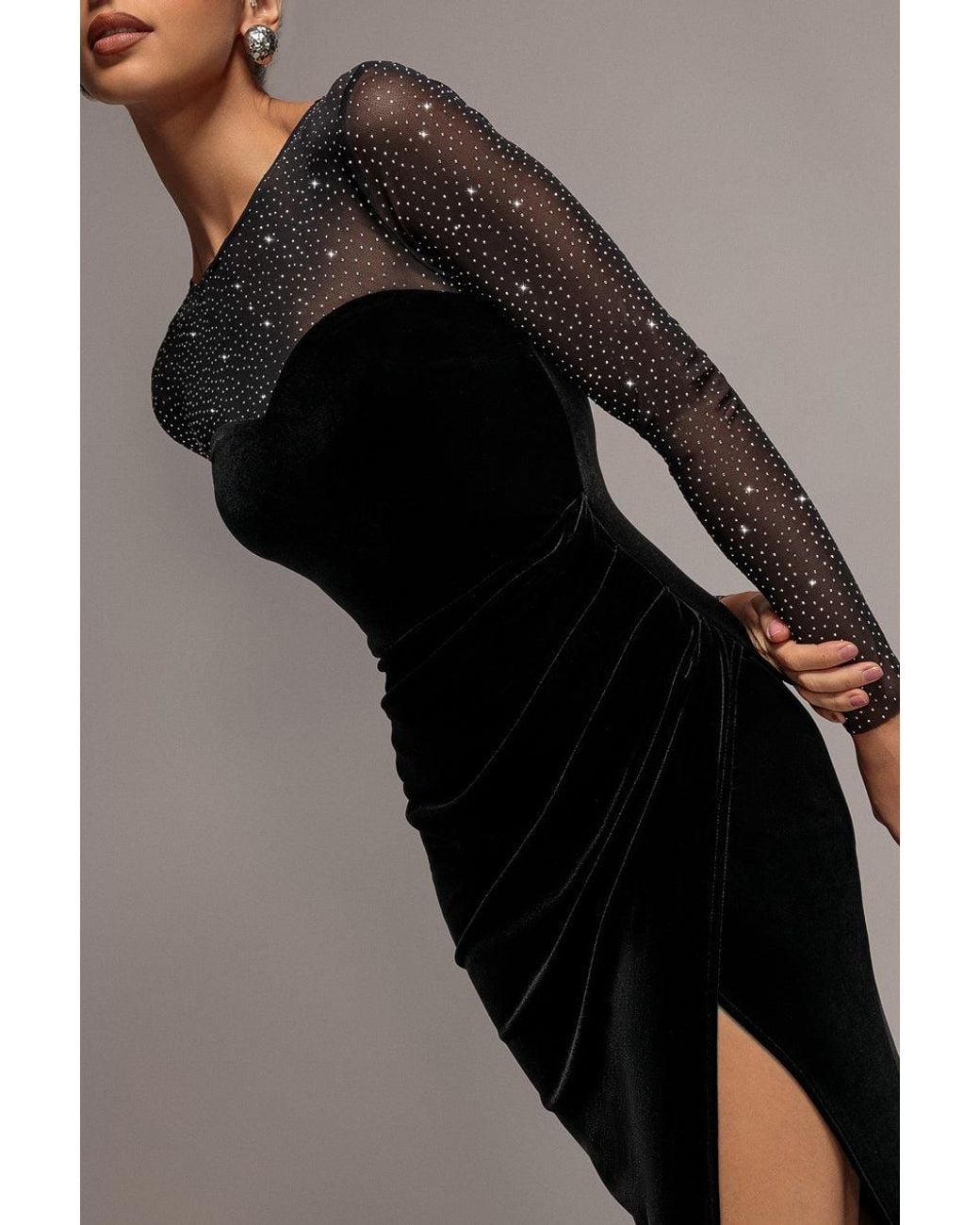 Goddiva Black Diamante Sleeves Illusion Neck Front Wrap Velvet Maxi Dress