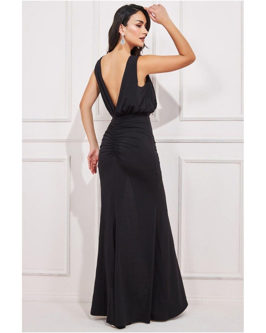 Goddiva Black Front Wrap Gathered Maxi Dress