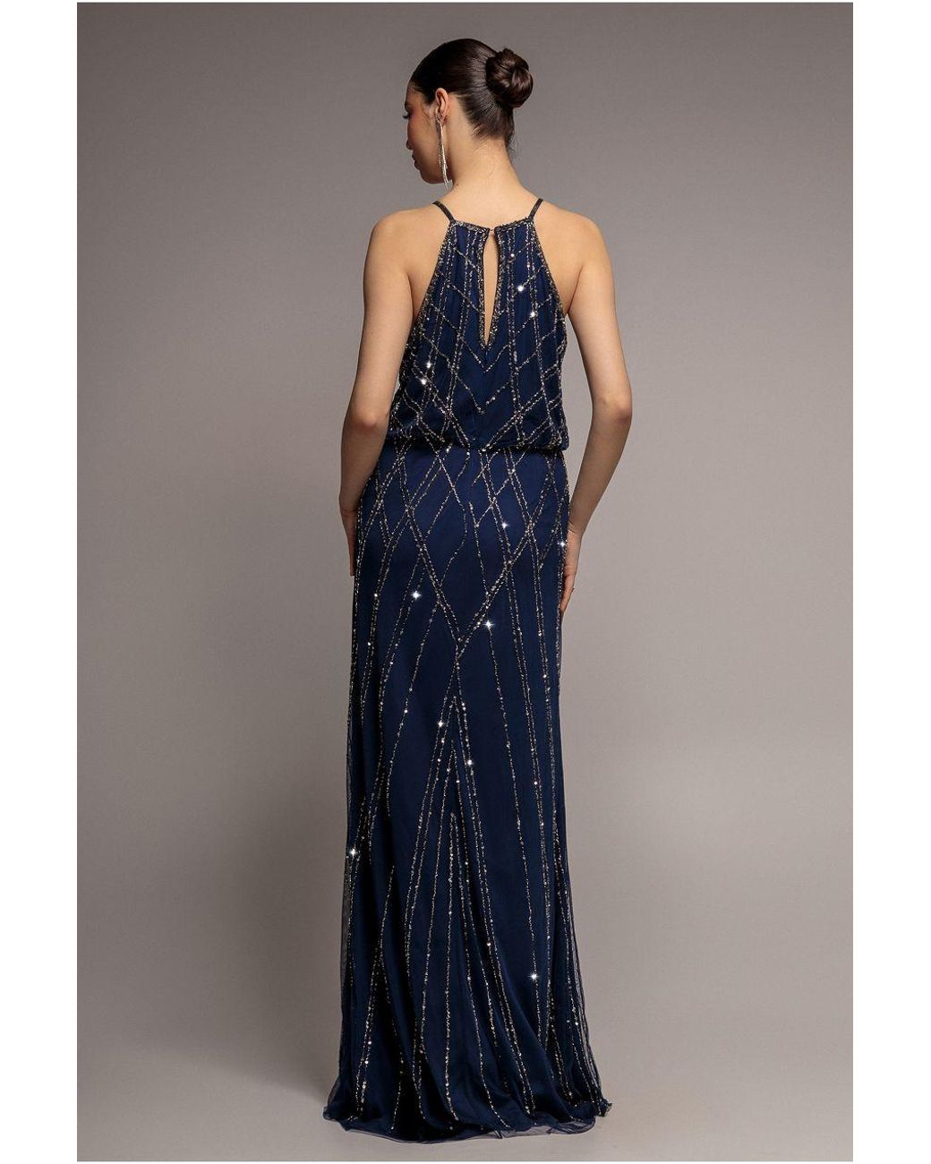 Goddiva Blue Racer Neck Sleeveless Hand Embellished Sequin Maxi Dress