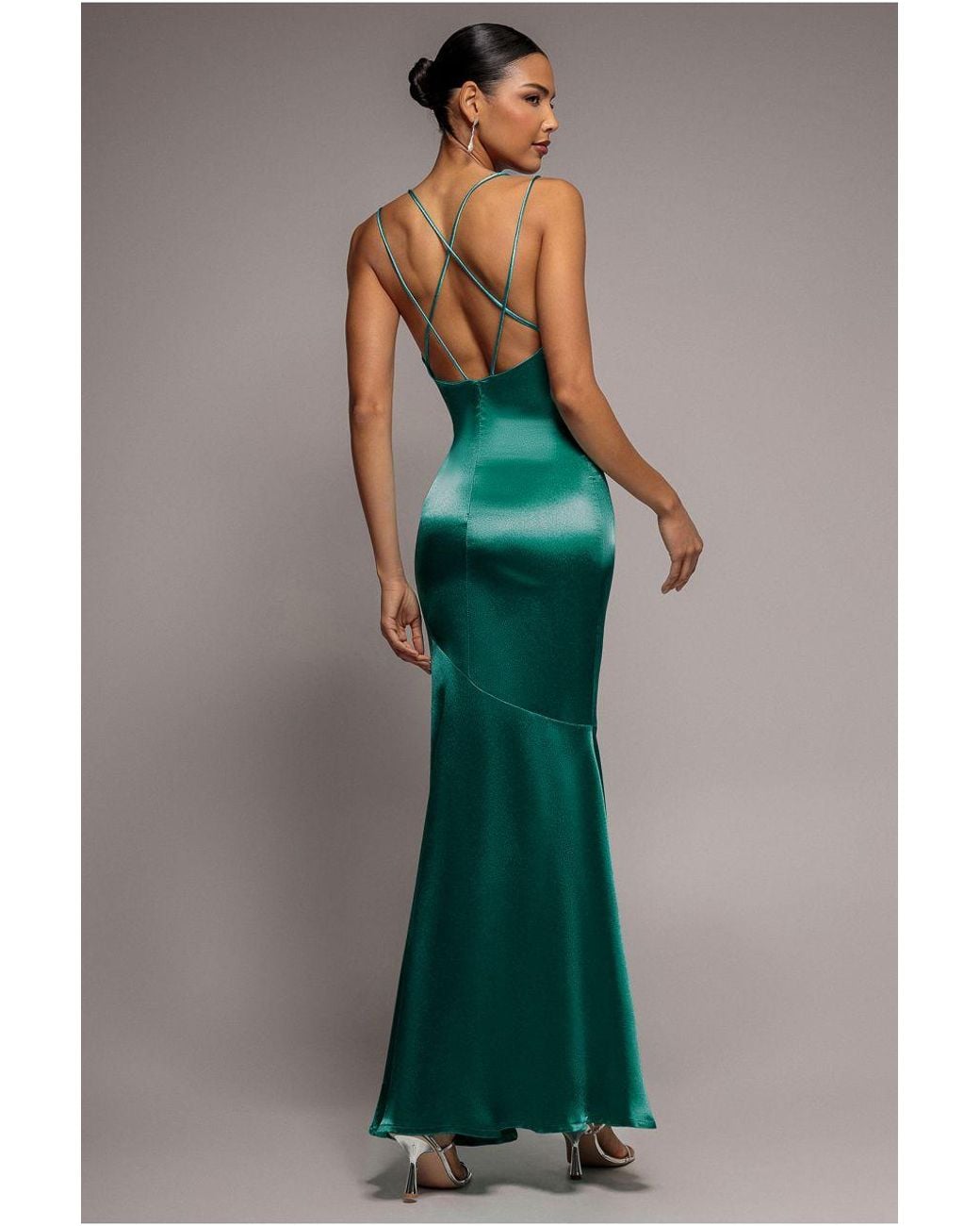 Goddiva Green Cowl Neck With Strappy Back Satin Maxi
