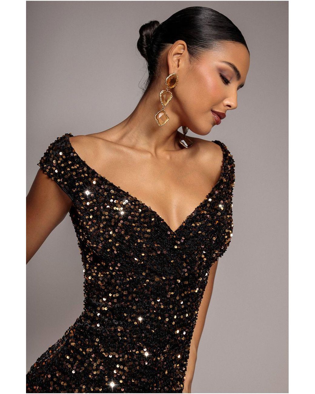 Goddiva Metallic Multi Sequin & Velvet Bardot Midi Dress