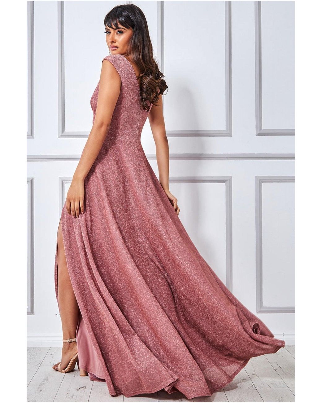 Goddiva Crossover Lurex Glitter Maxi Dress Nylon in Pink | Lyst