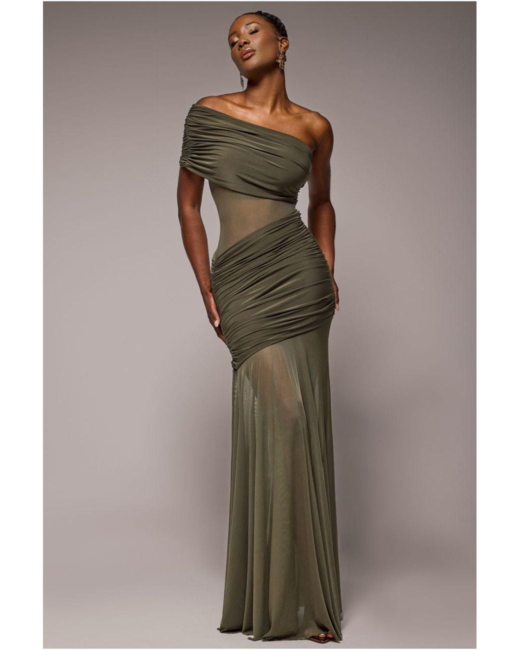 Goddiva Blue Gathered One Shoulder Sheer Panel Maxi Dress