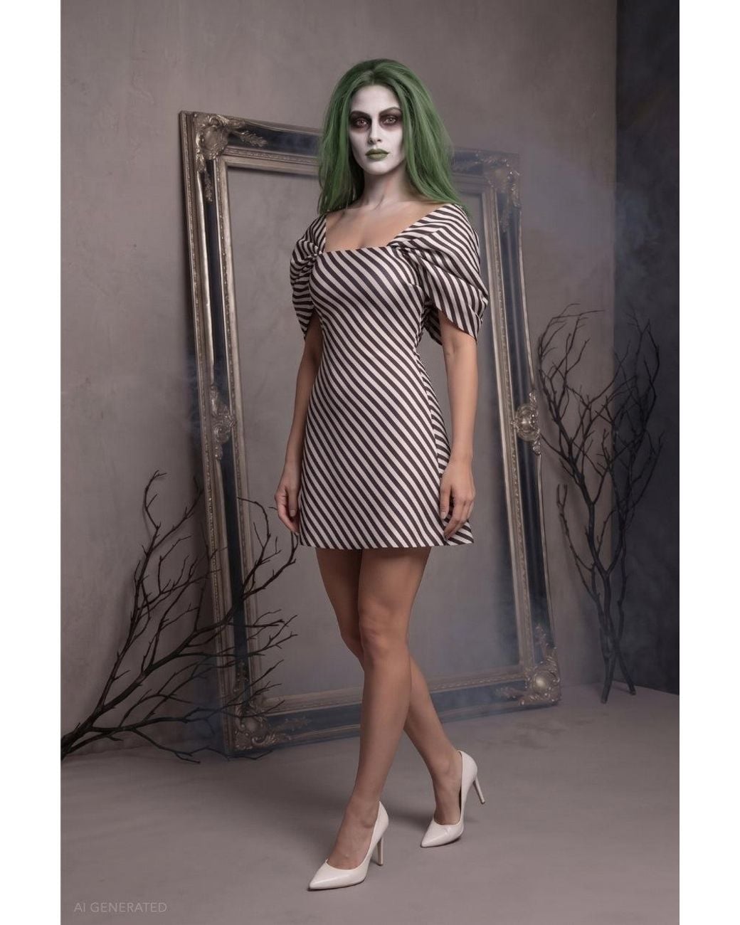 Goddiva Gray Striped A-Line Mini Beetlejuice-Inspired Halloween Costume