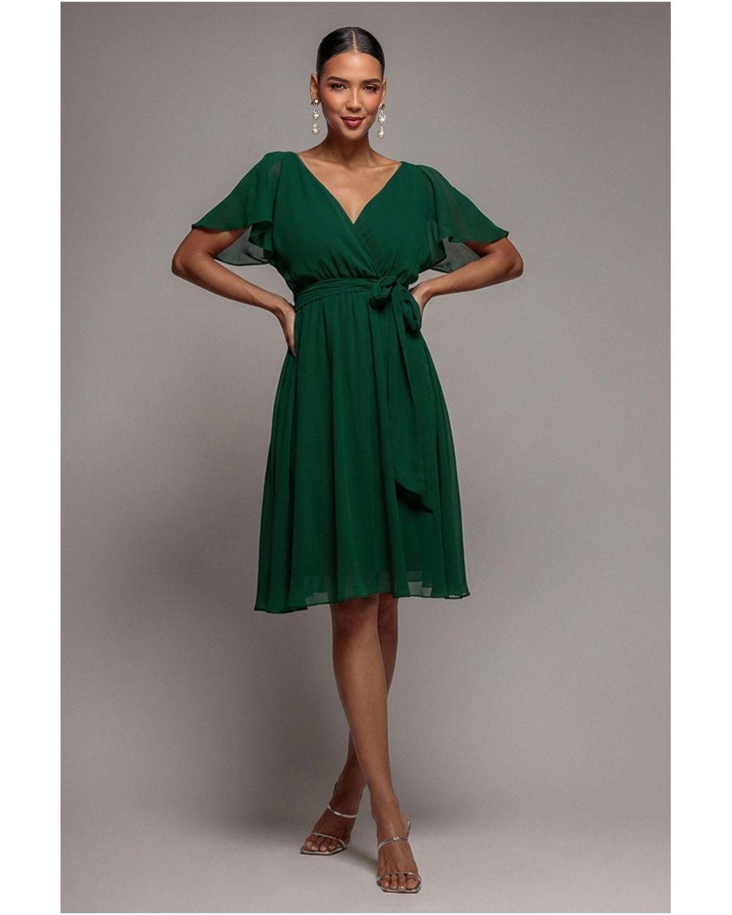 Goddiva Blue Sustainable Flutter Sleeve Chiffon Wrap Midi Dress